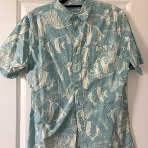 croft & barrow Teal and White Short-Sleeve Fish Print Button-Up Shirt